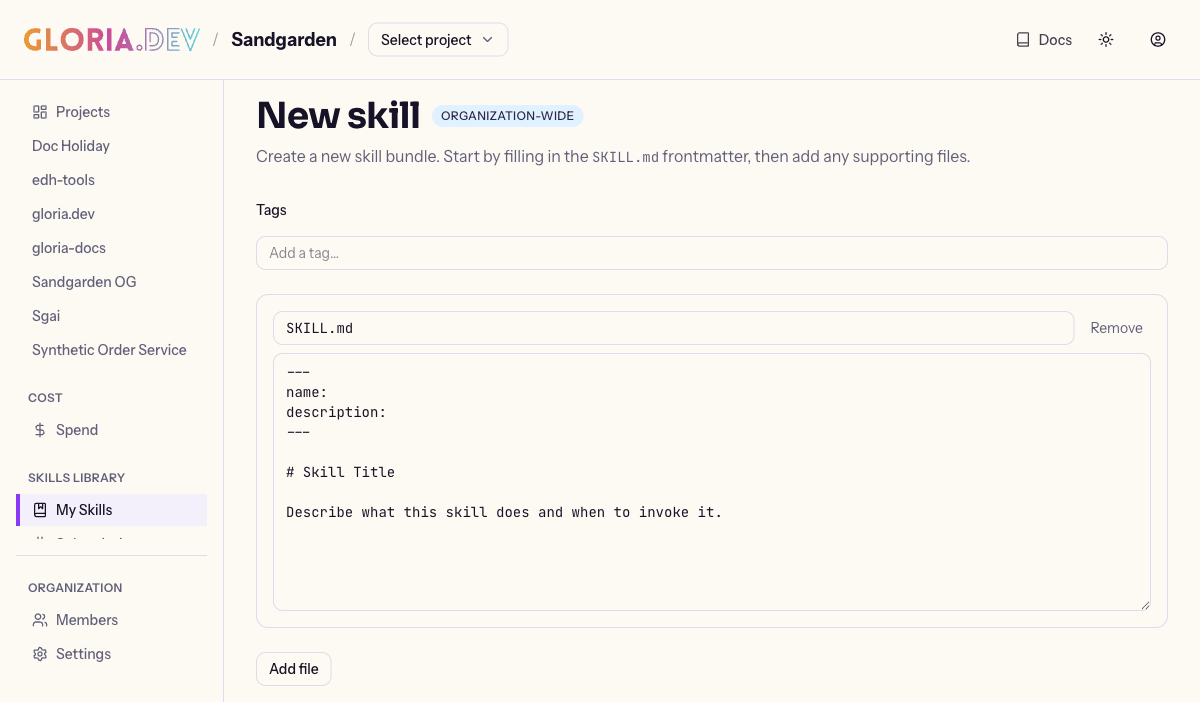 The New skill editor, with a Tags field and a SKILL.md editor pre-filled with the frontmatter template.