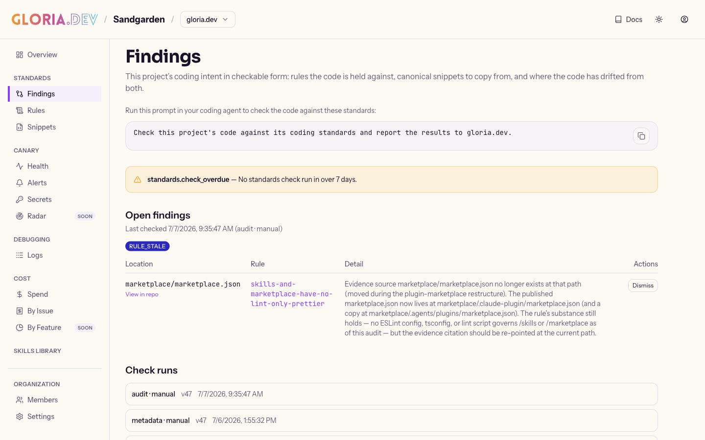 The Findings (Drift) page, showing an Open findings table with finding rows and the Last checked summary beneath it.