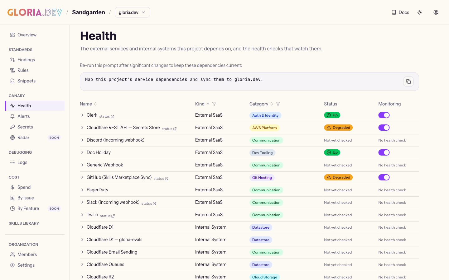 The project’s Health dashboard in the web app, listing each dependency with its kind, category, live status, and monitoring toggle.