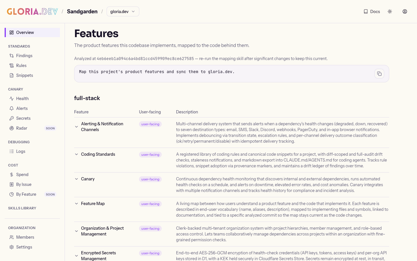 The Features tab, grouped by layer, showing feature rows, colored alias tags, richer expanded details, and documentation coverage signals.
