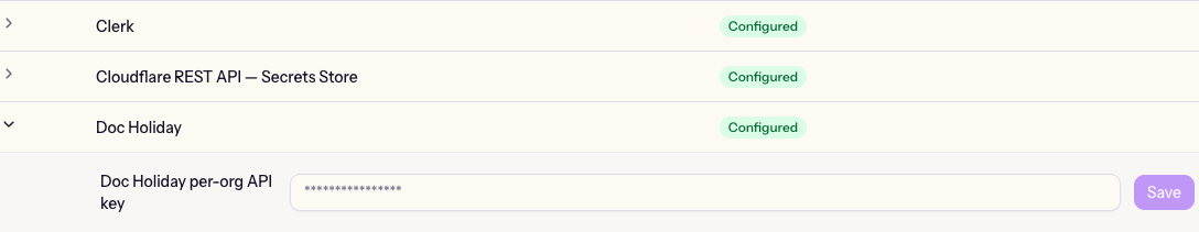 The Secrets page for a dependency, showing a masked “GitHub personal access token” field with a Save action.