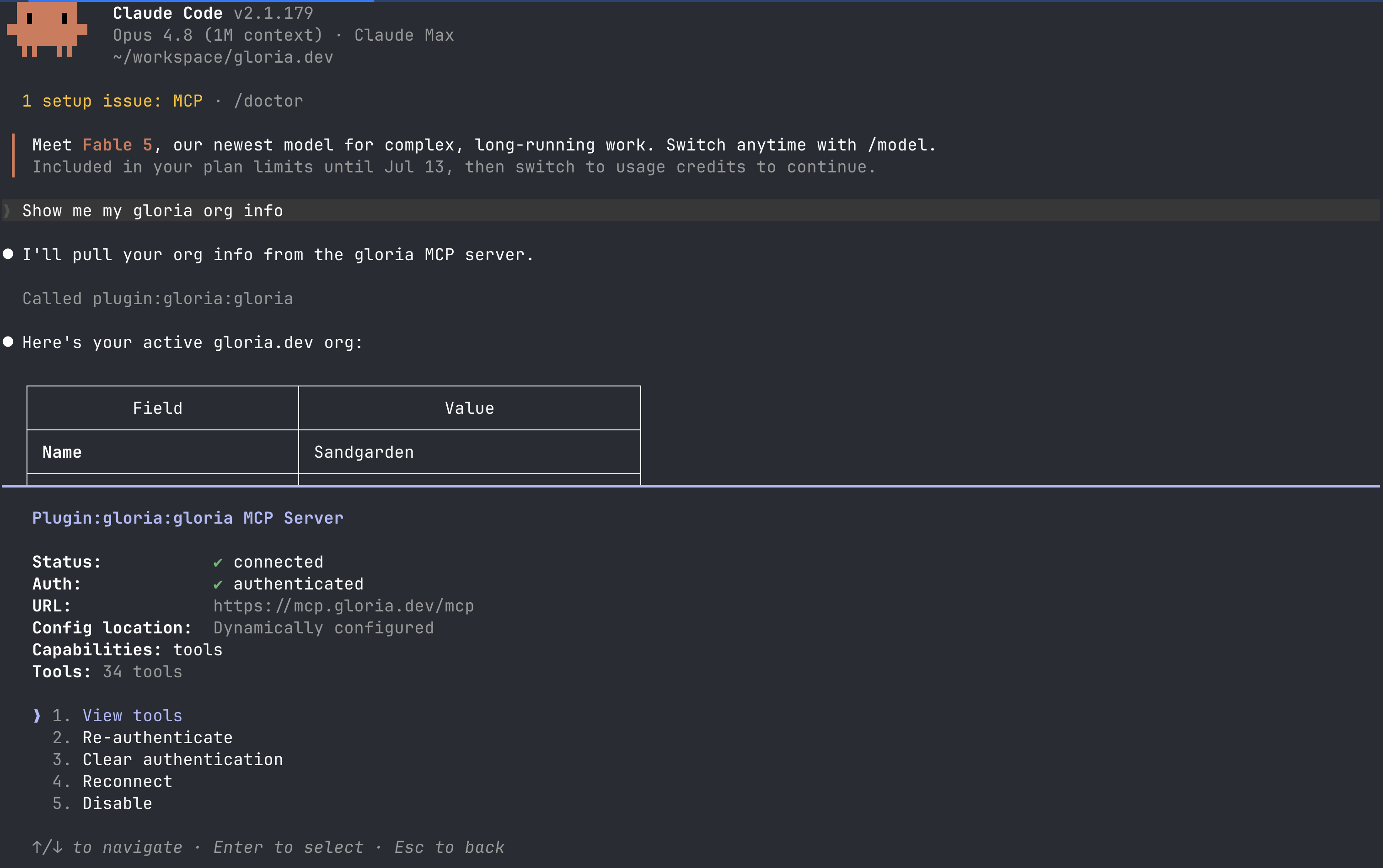 Claude Code’s /mcp screen, showing the gloria server entry and the authenticate prompt.