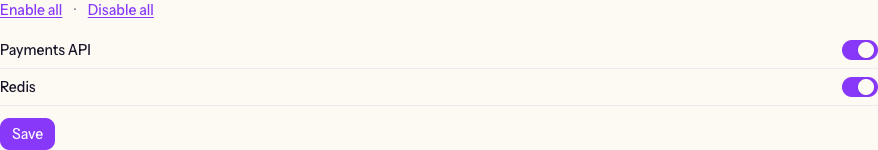 An expanded notification channel showing the per-dependency toggle grid, with Enable all / Disable all shortcuts.