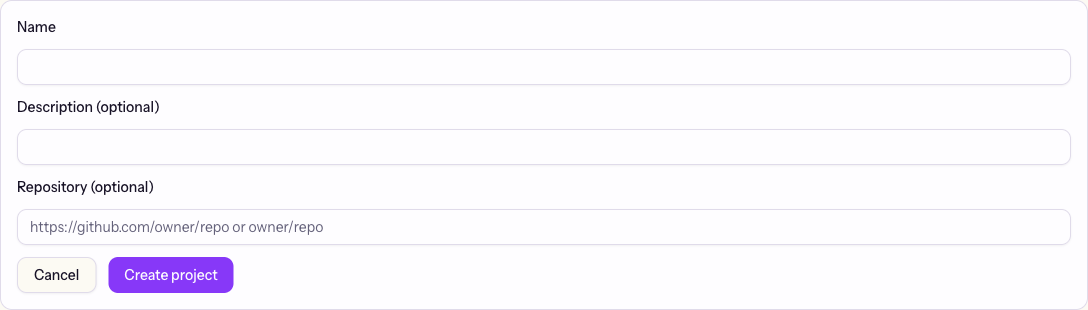 The web app’s New project form with Name, Description (optional), and Repository (optional) fields, and a Create project button.
