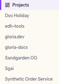The Projects page in the web app, listing the organization’s registered projects in the sidebar.