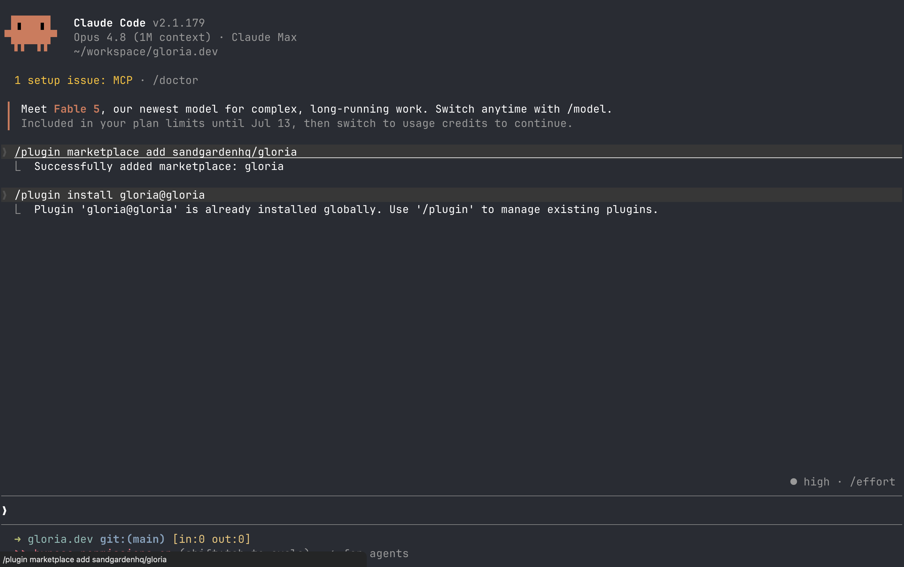 Claude Code terminal output from /plugin marketplace add and /plugin install for gloria.