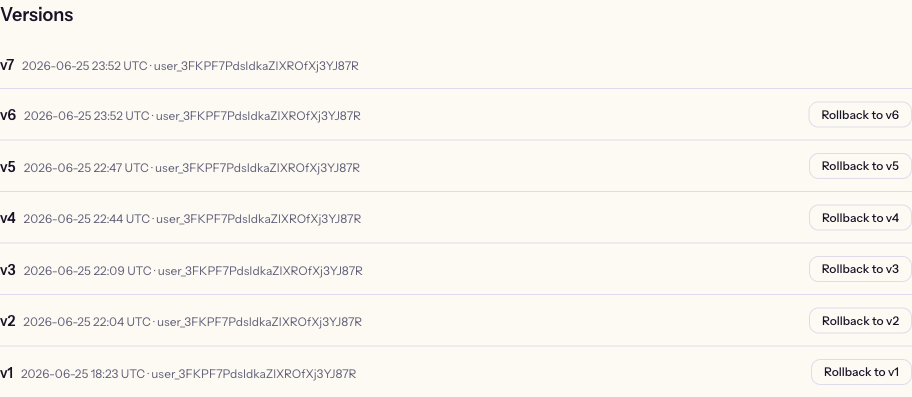 A skill’s version history, newest first, showing each version’s timestamp and creator plus a Rollback action for prior versions.