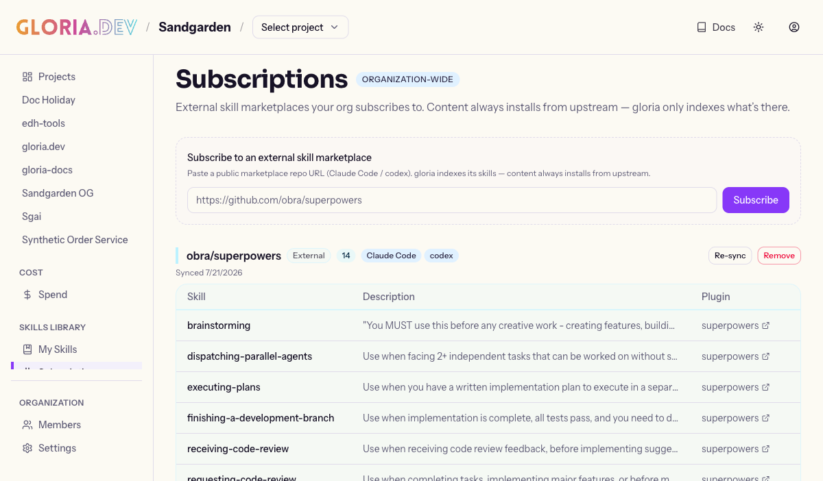 The Subscriptions page listing an external marketplace subscription with its detected agents, sync date, and skill catalog.